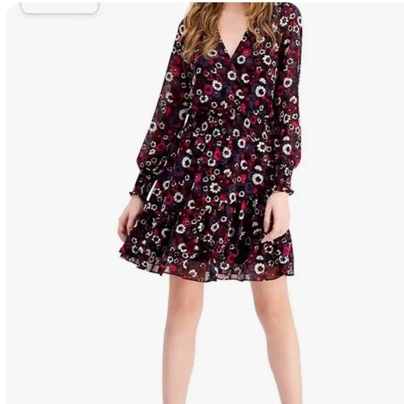 Michael Kors Azalea Psych Garden Wrap dress L georgette elastic Waist 10 flower - Picture 1 of 13